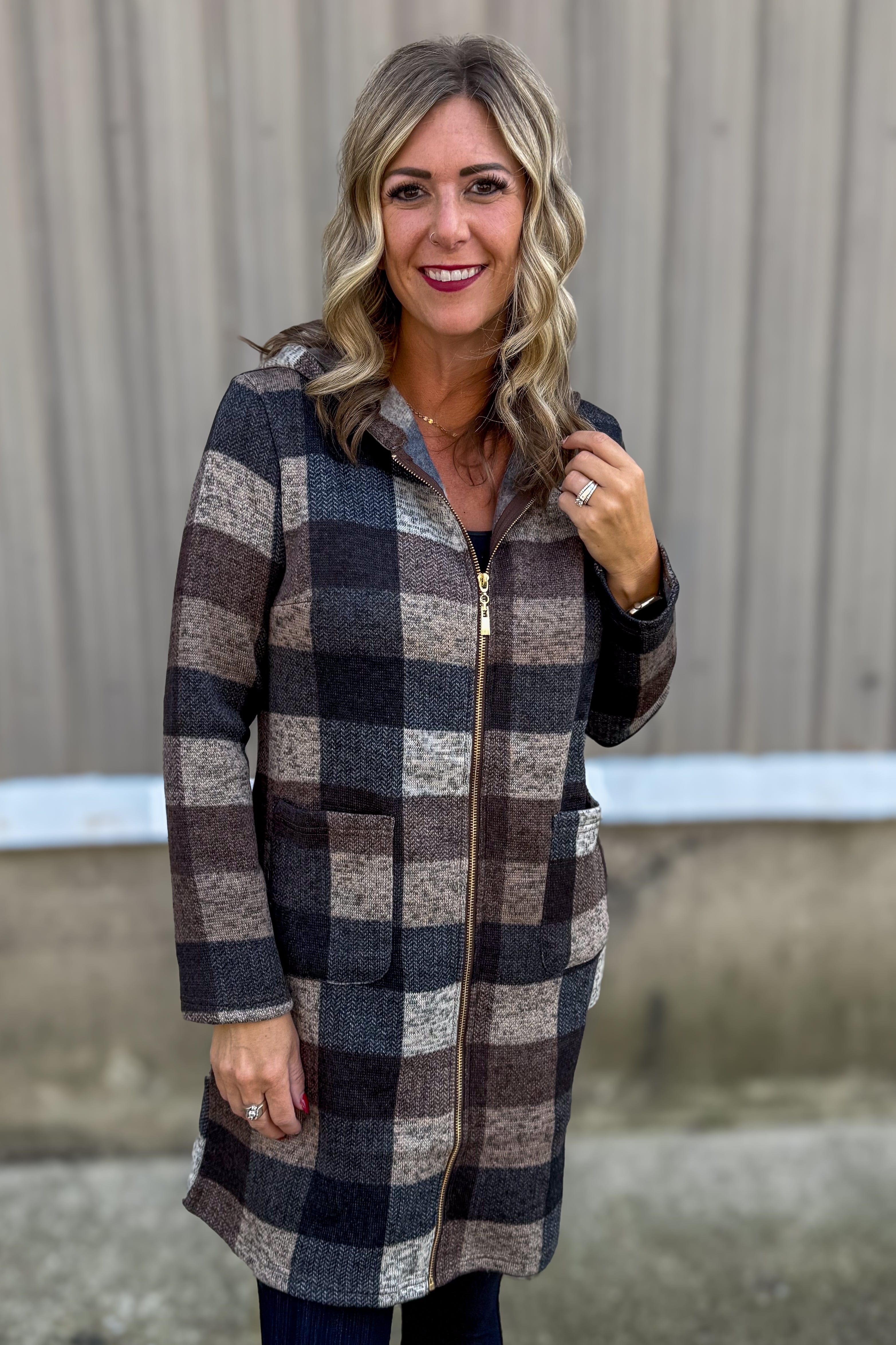 Brown Plaid Knit Hooded Jacket