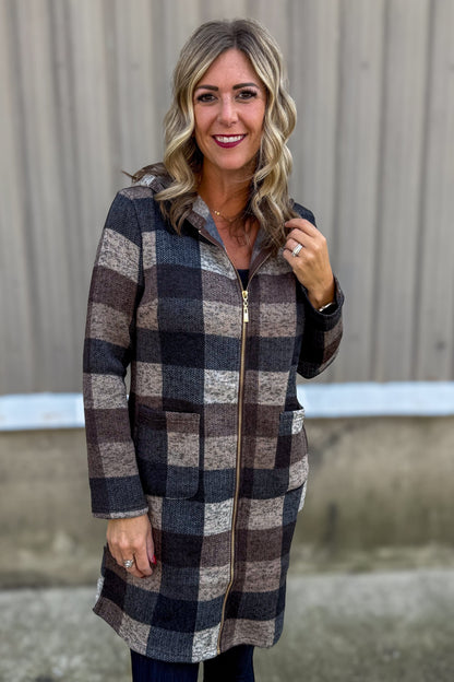 Brown Plaid Knit Hooded Jacket