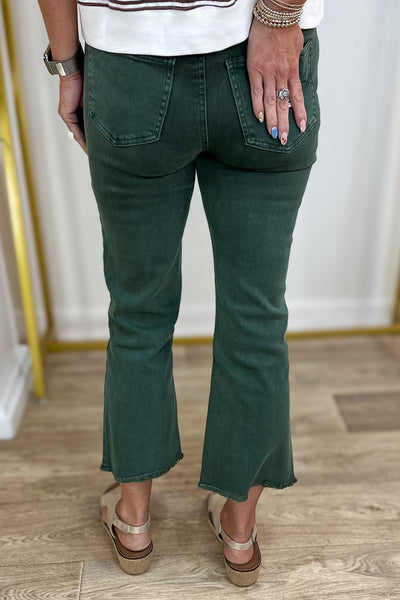 Dark Olive Acid Wash Crop Denim Back