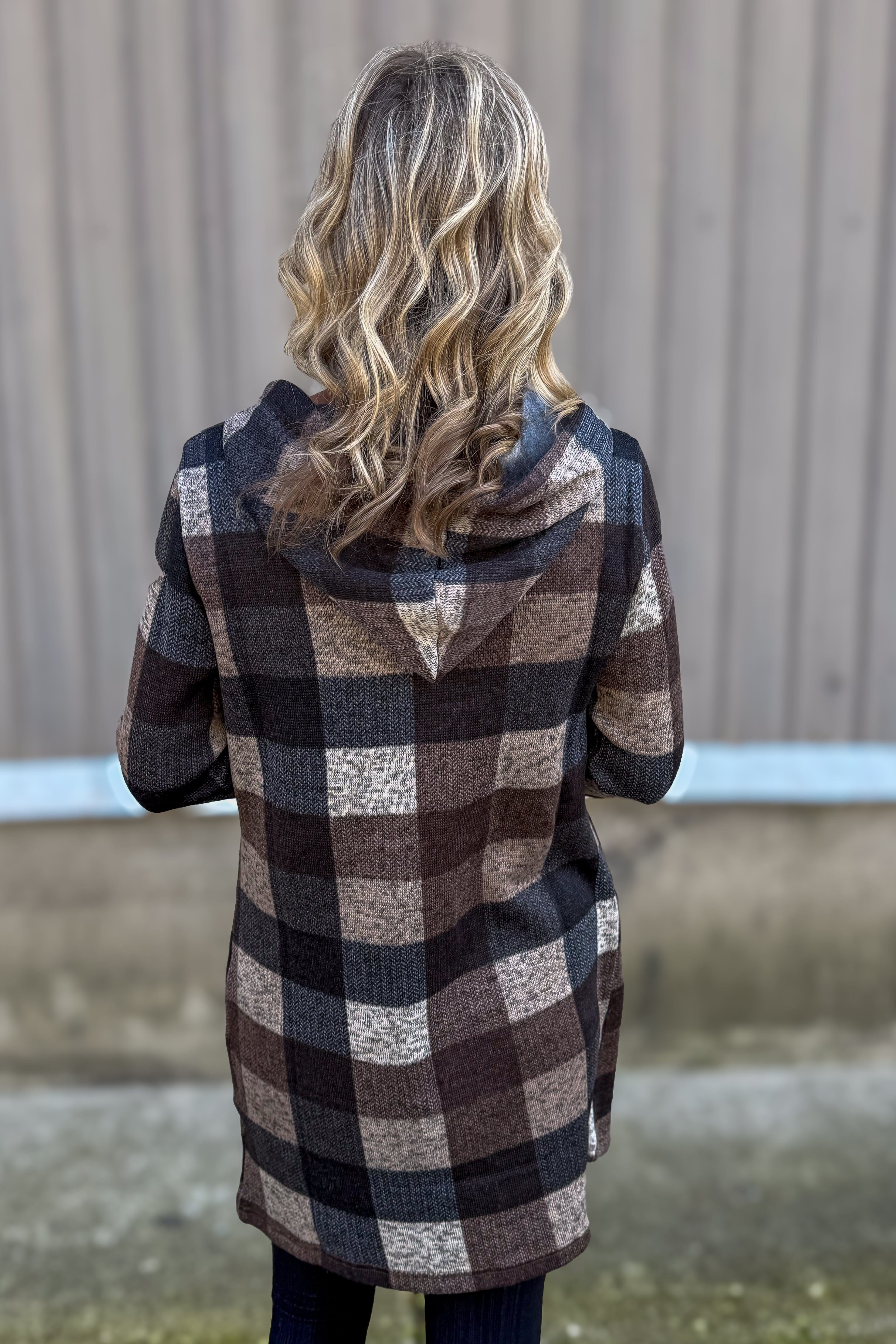 Brown Plaid Knit Hooded Jacket Back