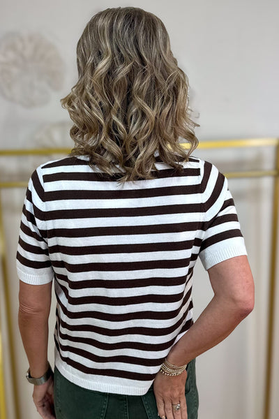 Brown Split Neck Stripe Short Sleeve Sweater Back
