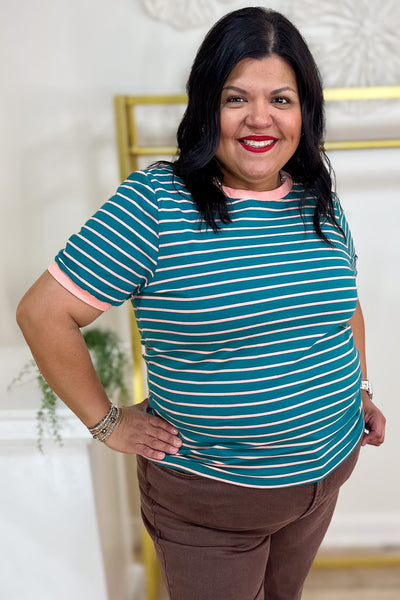Dark Jade Stripe Contrast Trim Top