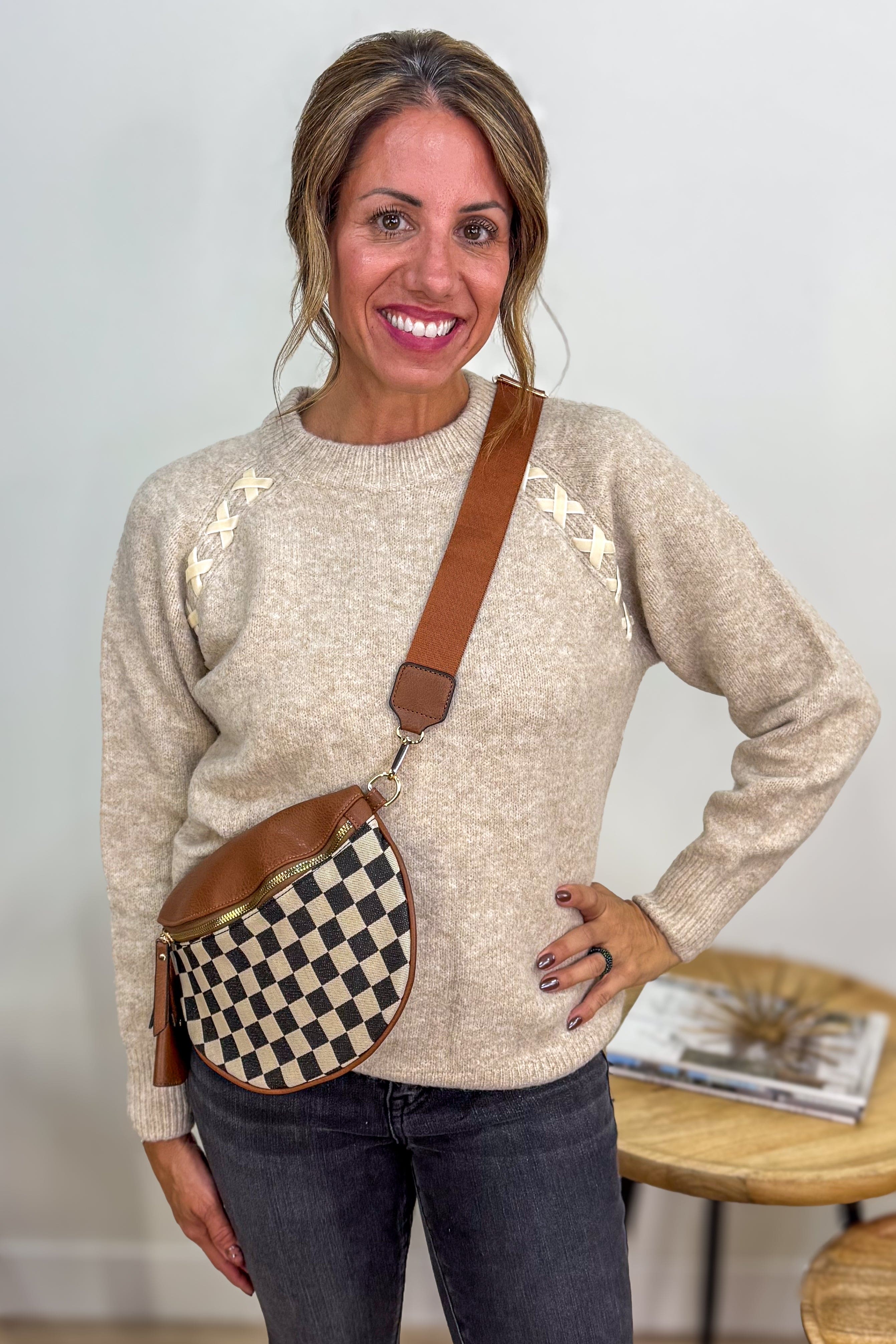 Khaki Raglan Shoulder Lace-up Pullover Sweater