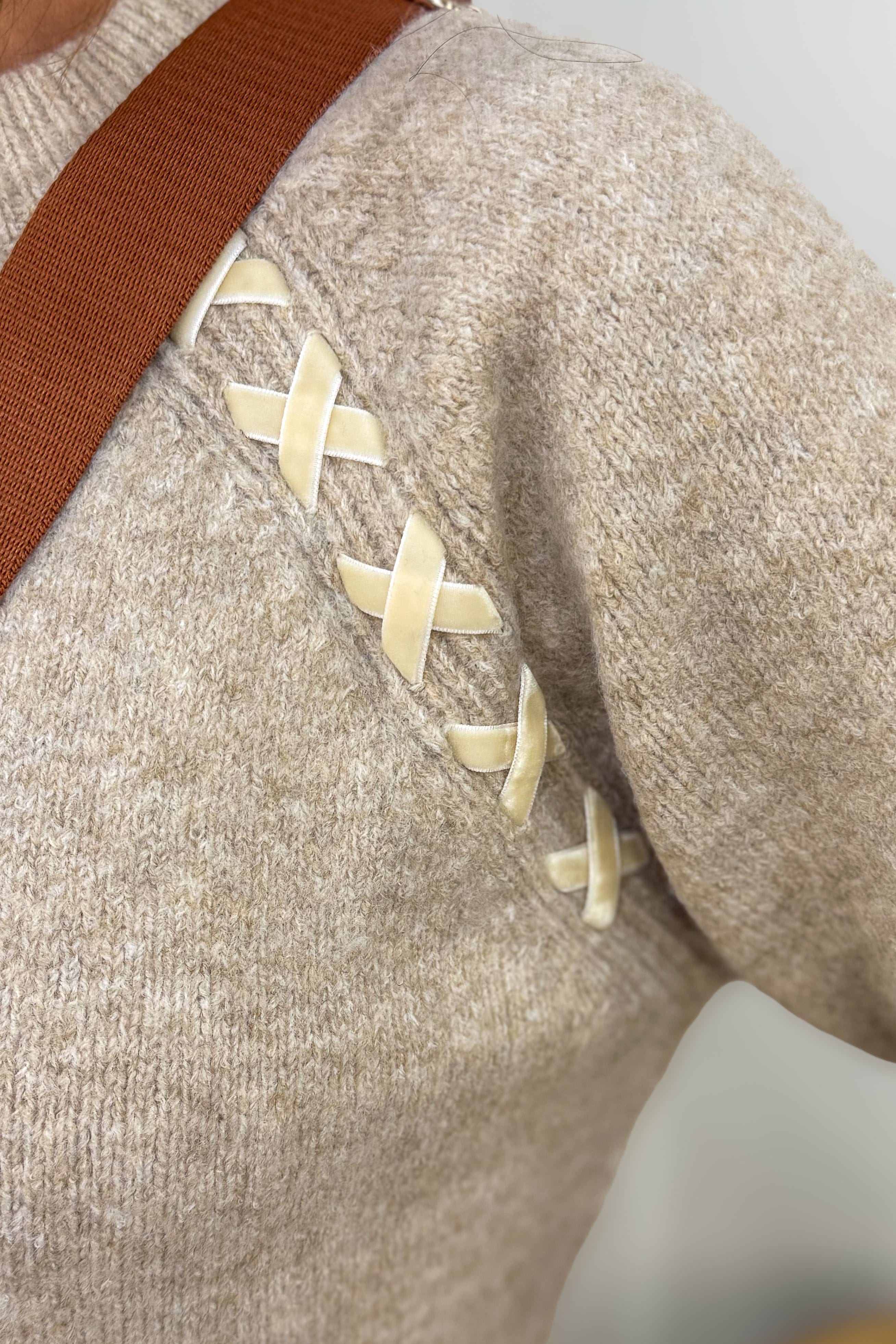 Khaki Raglan Shoulder Lace-up Pullover Sweater Detailed