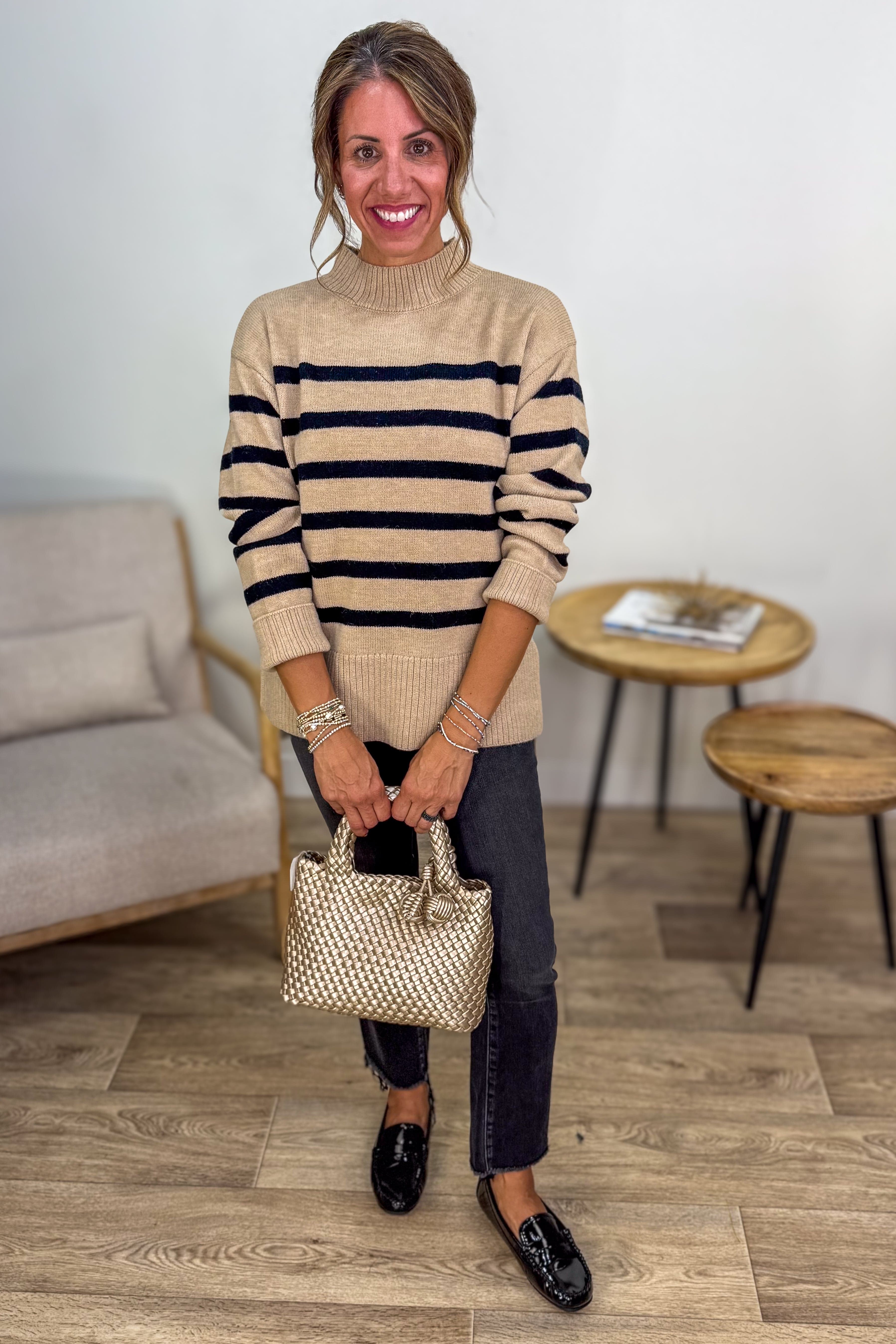 Beige & Black Striped Mock Neck Sweater styled