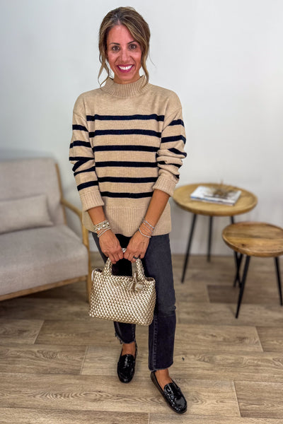 Beige & Black Striped Mock Neck Sweater styled