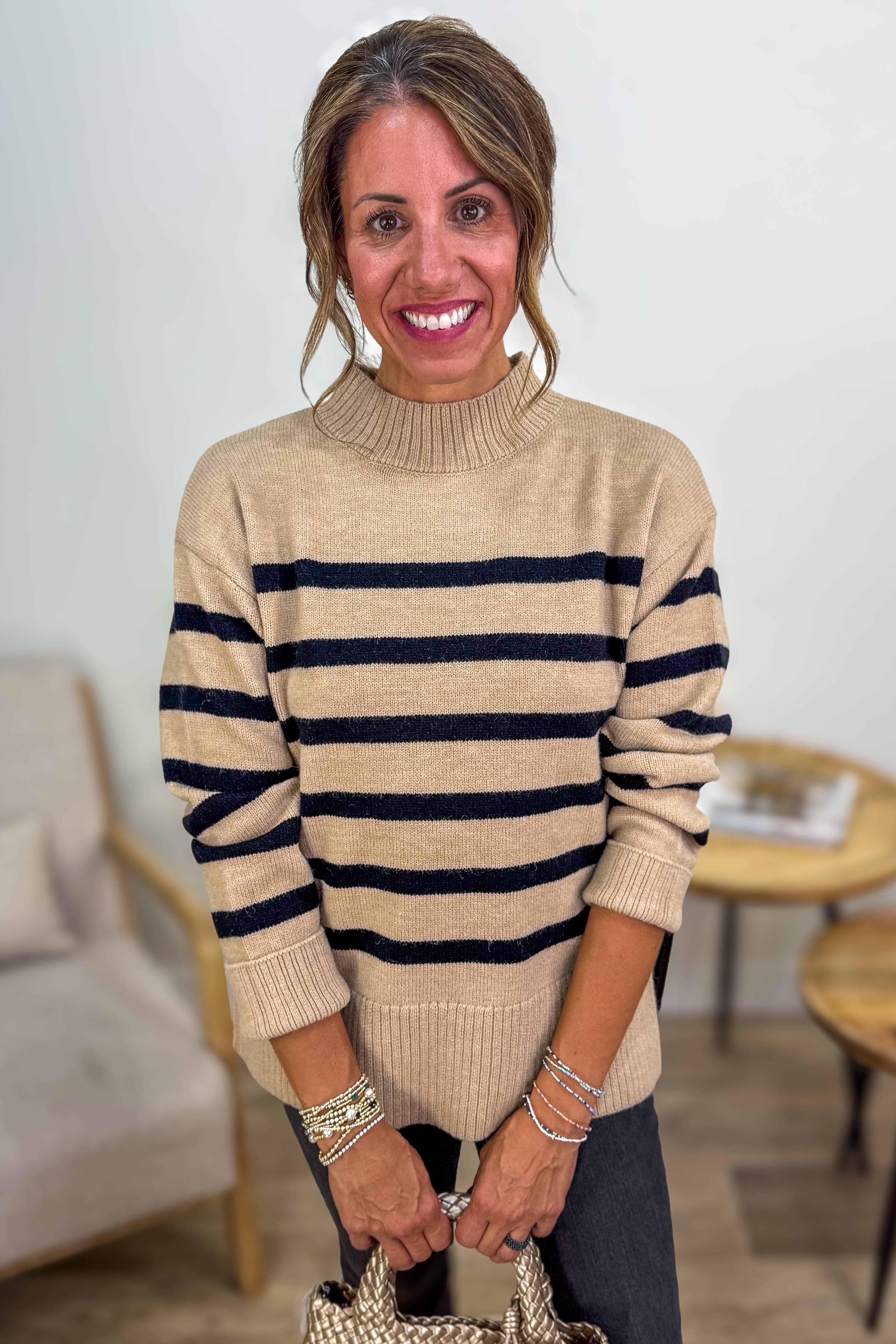 Beige & Black Striped Mock Neck Sweater