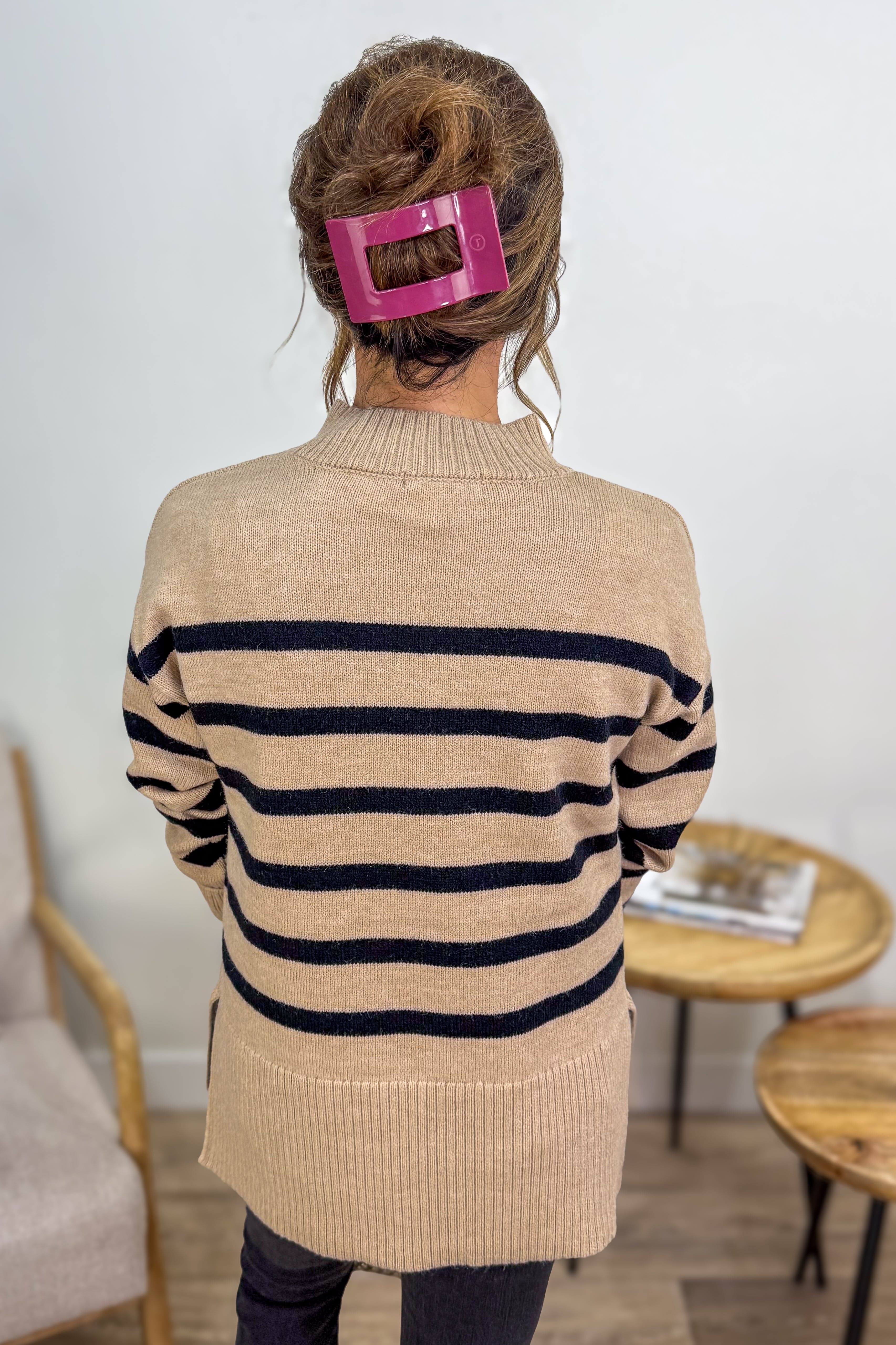 Beige & Black Striped Mock Neck Sweater back
