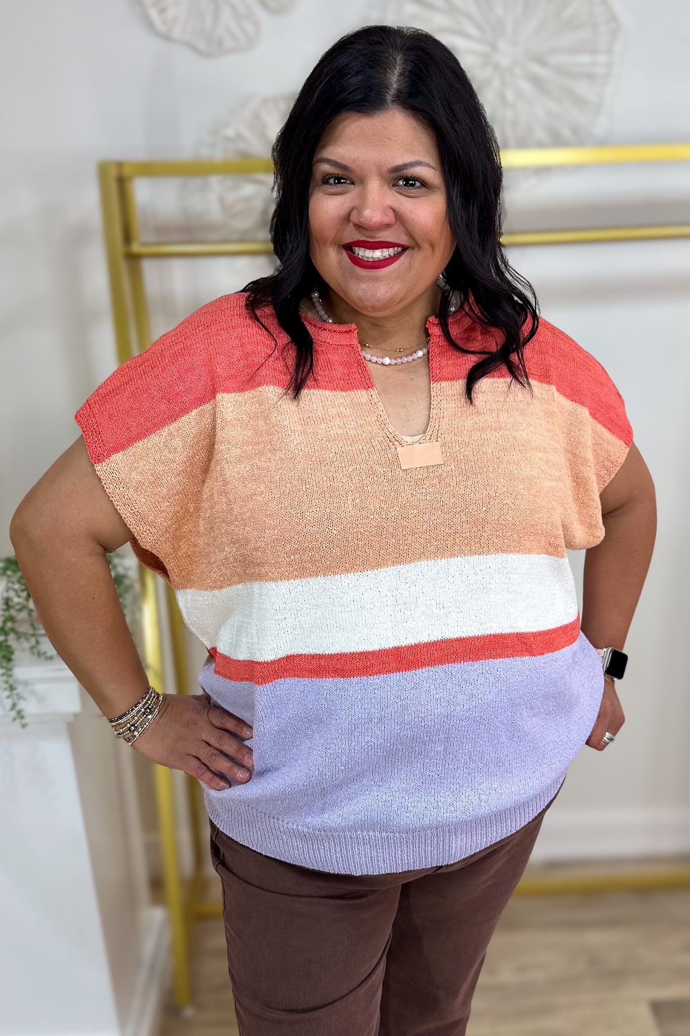 Coral Multi Stripe Notch Neck Sweater