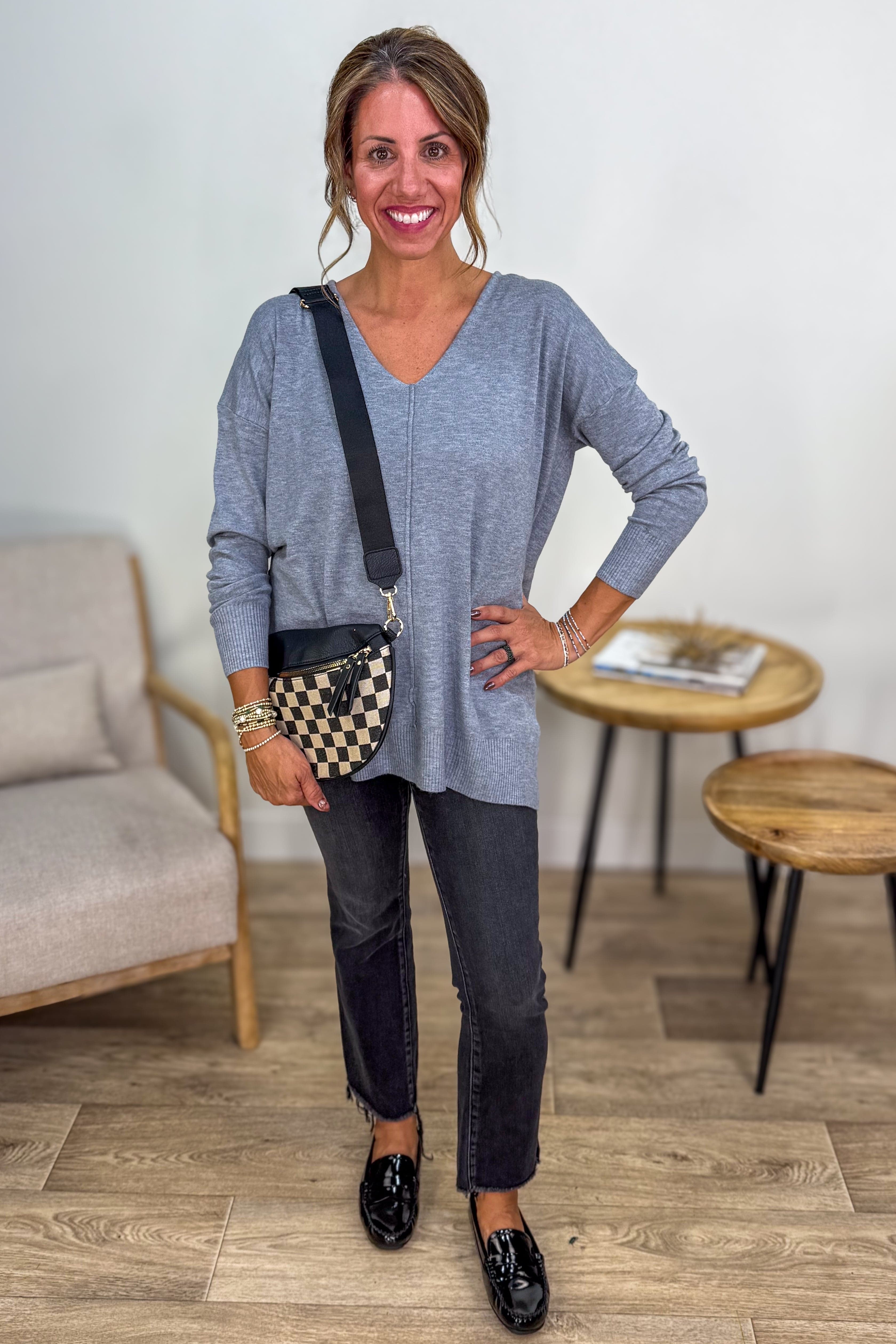Heathered Grey Viscose Front Seam Sweater Styled