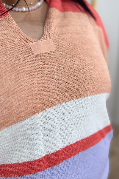 Coral Multi Stripe Notch Neck Sweater Detailed
