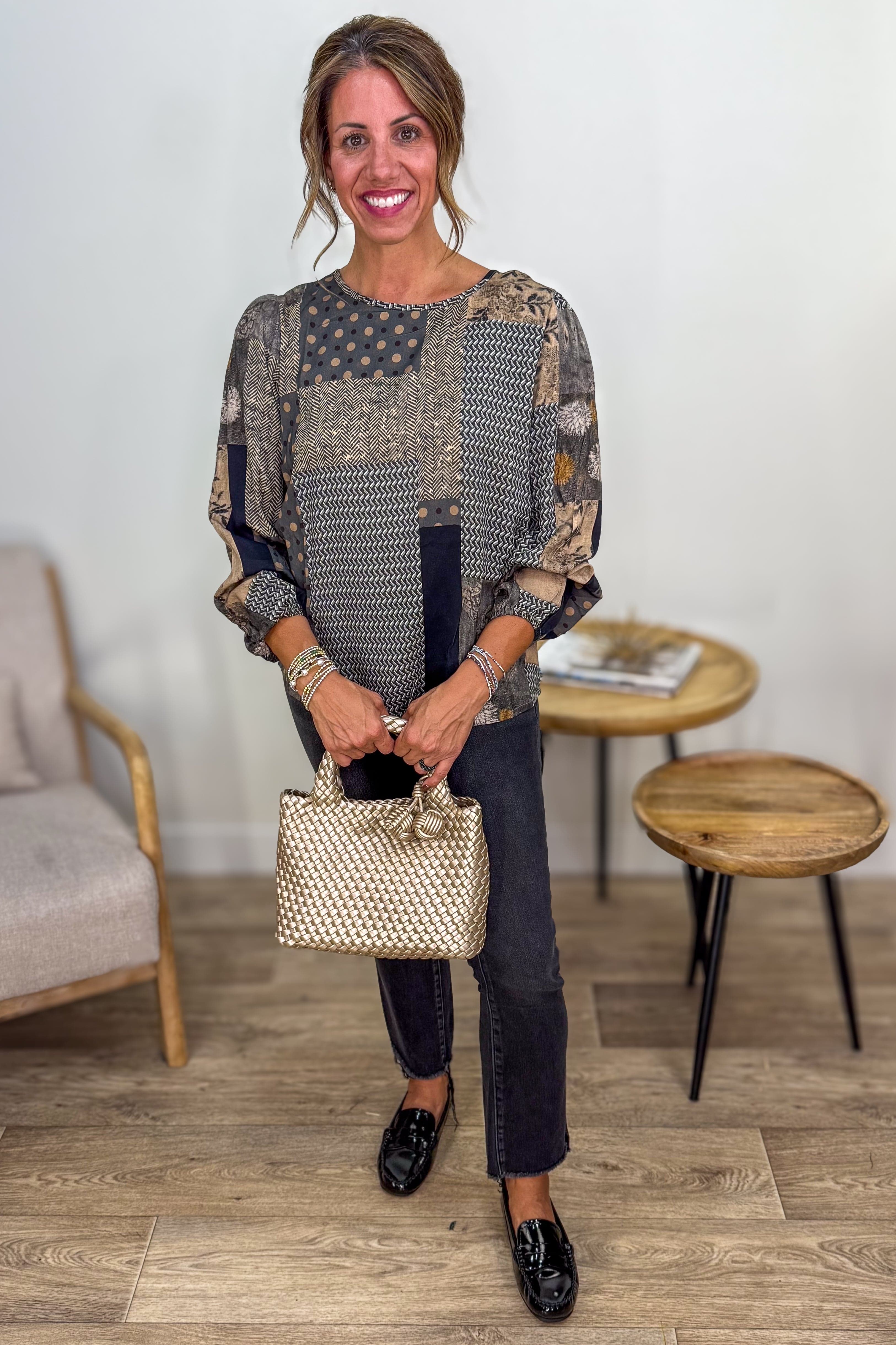 Grey Patchwork High Low Button Blouse Styled