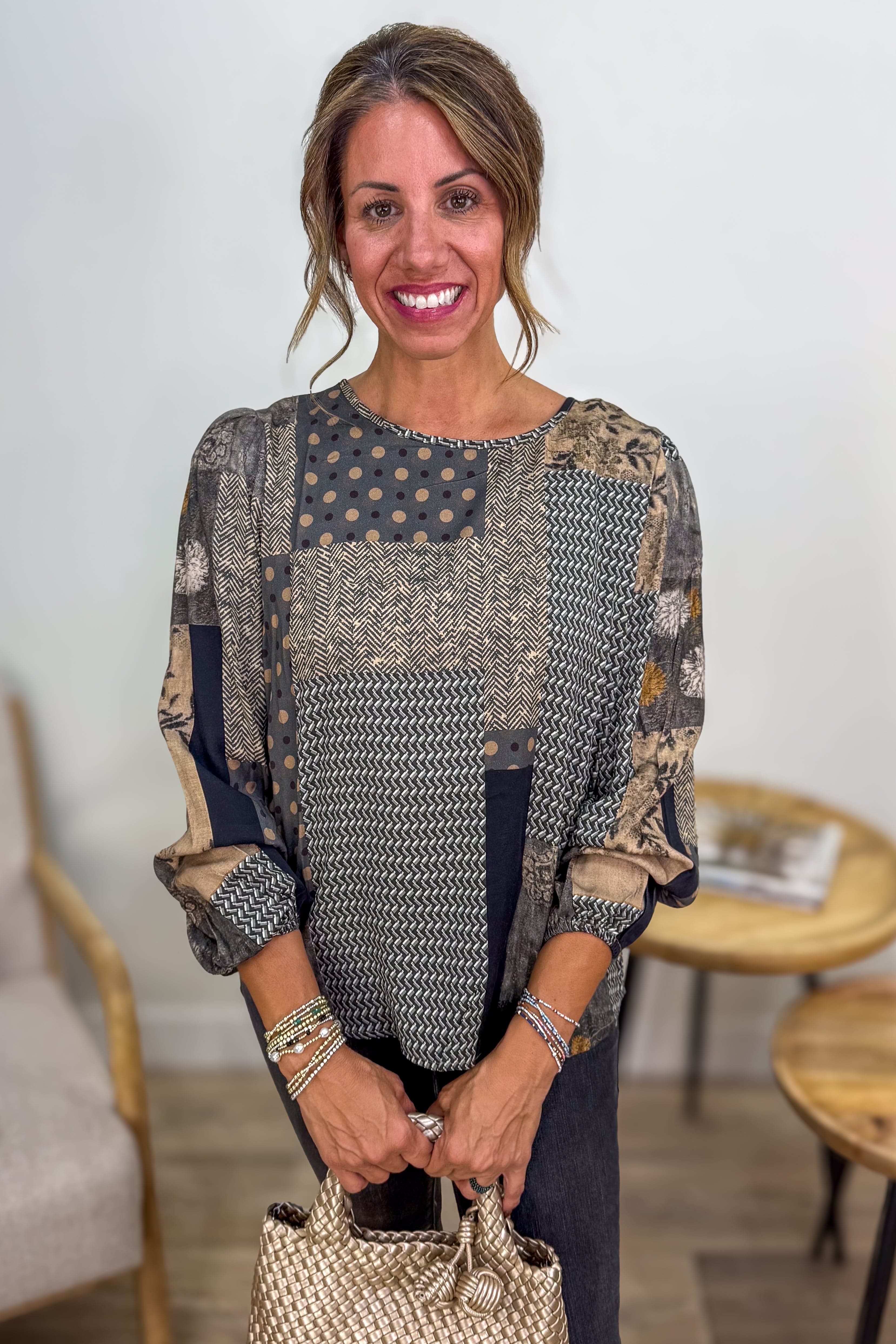 Grey Patchwork High Low Button Blouse