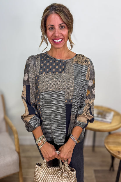 Grey Patchwork High Low Button Blouse