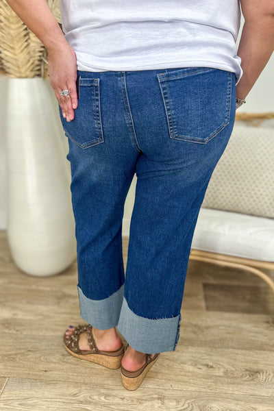 Dark High Rise Straight Cuff Denim back