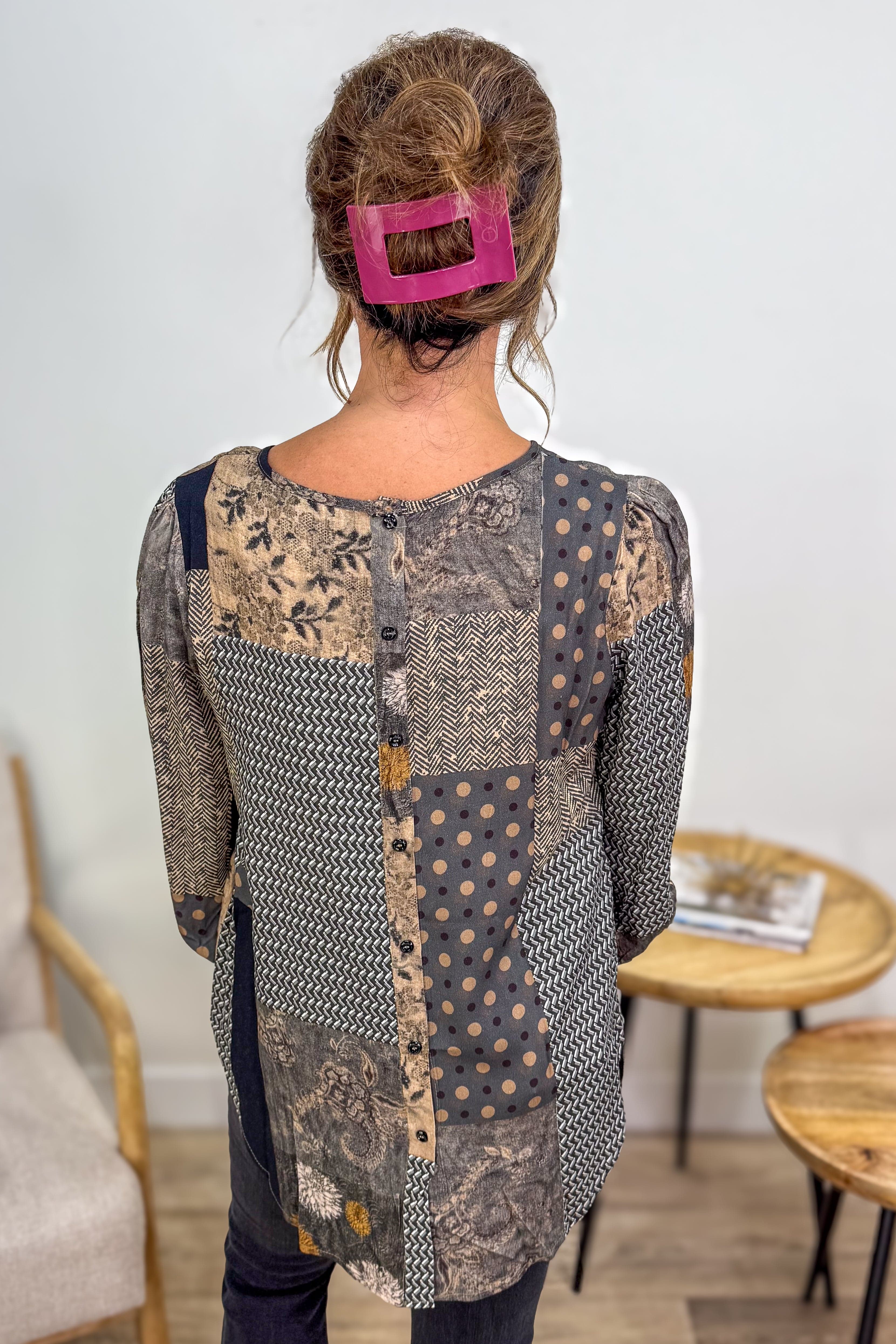 Grey Patchwork High Low Button Blouse Back