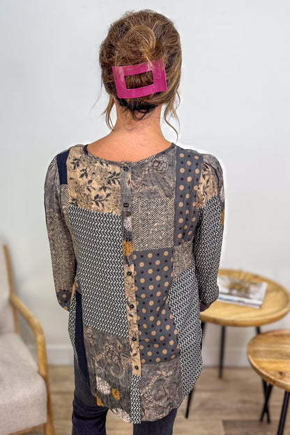 Grey Patchwork High Low Button Blouse Back