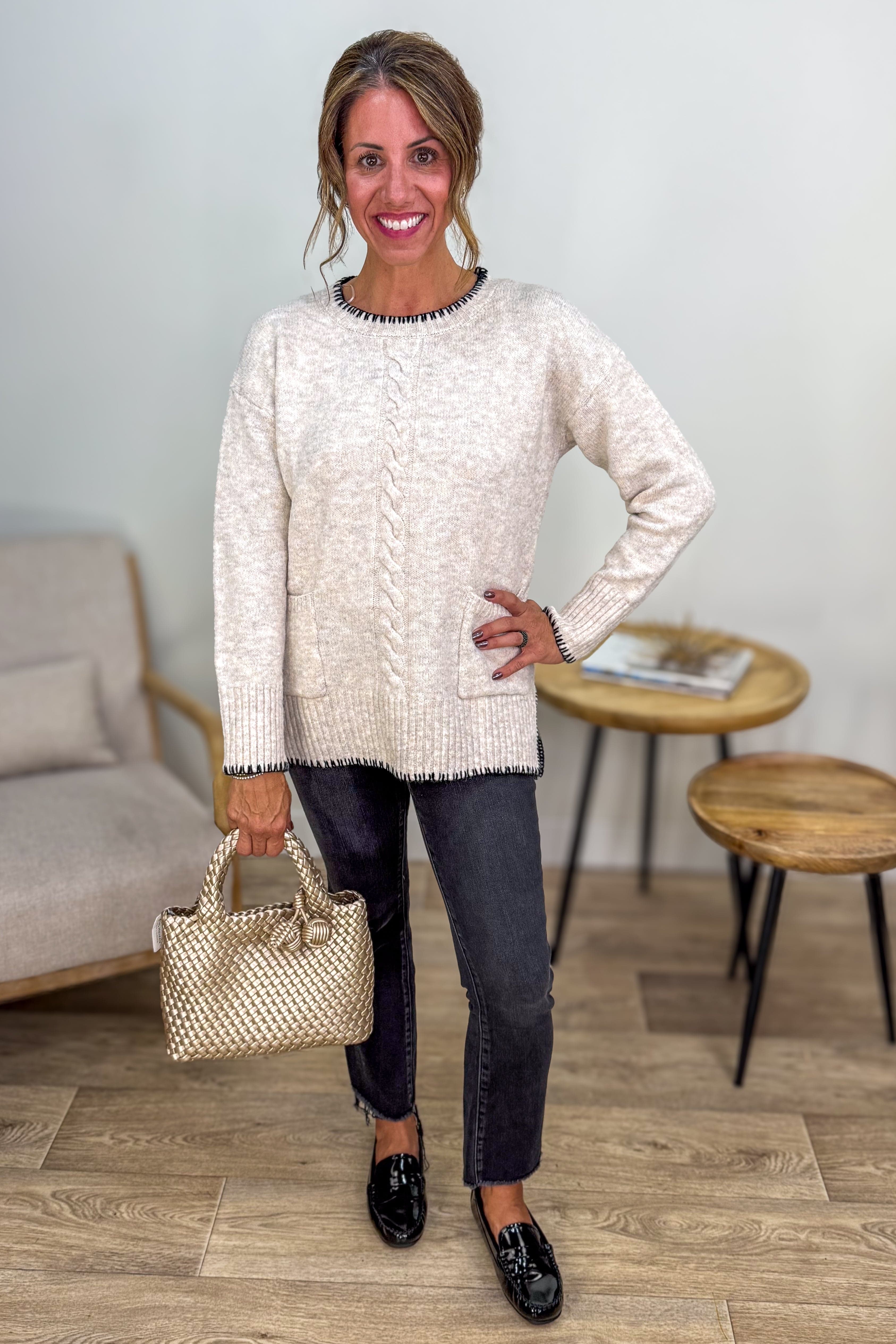 Oatmeal Step hem Patch Pocket Sweater Styled
