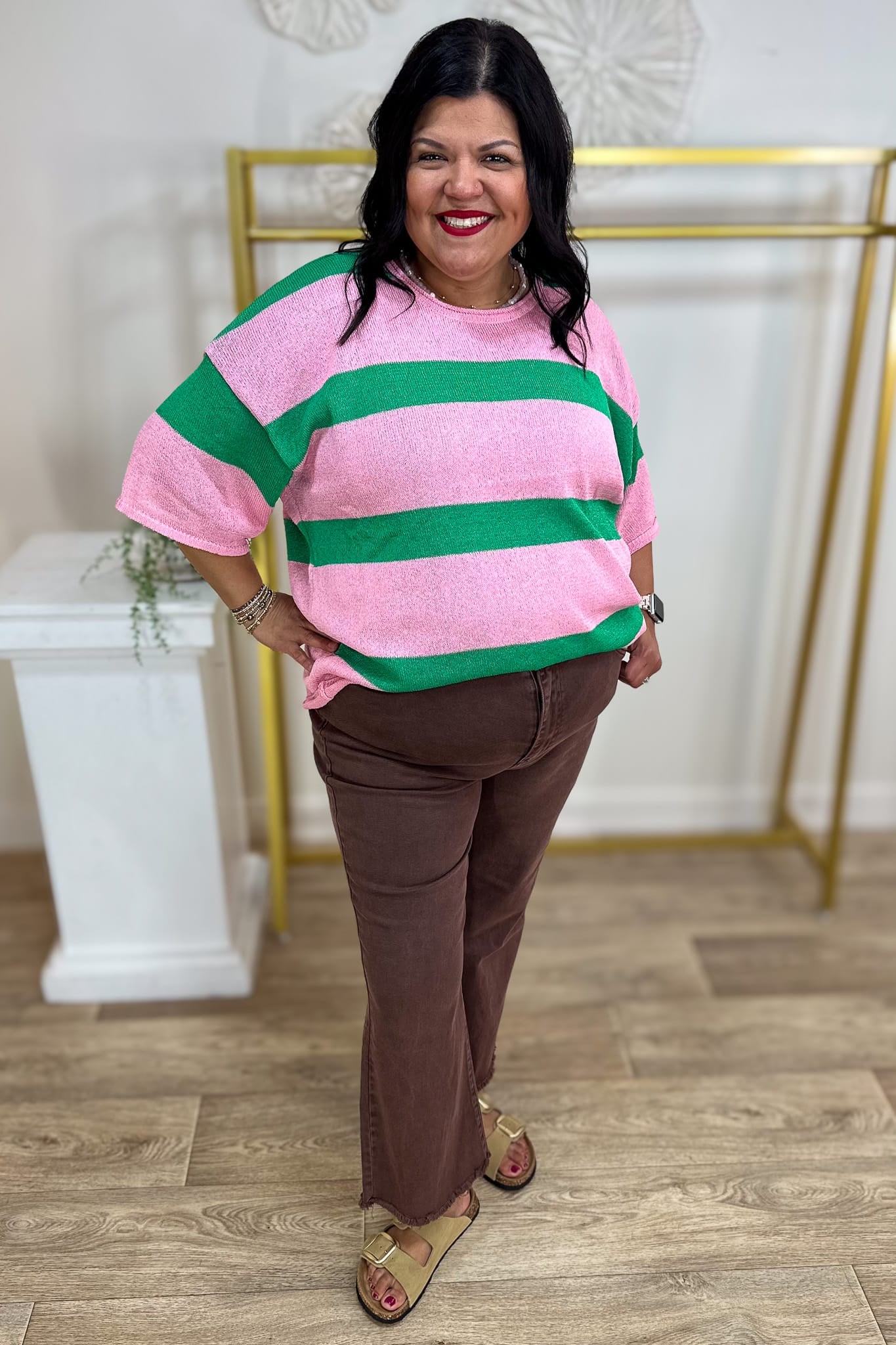 Pink & Kelly Green Stripe Drop Shoulder Sweater Styled