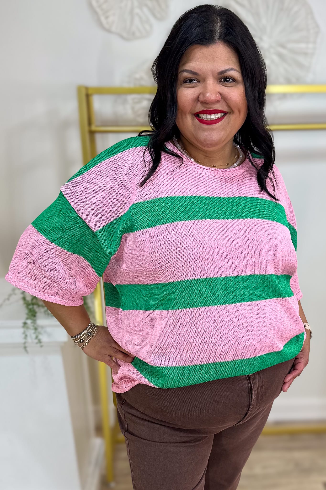 Pink & Kelly Green Stripe Drop Shoulder Sweater