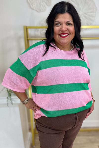 Pink & Kelly Green Stripe Drop Shoulder Sweater