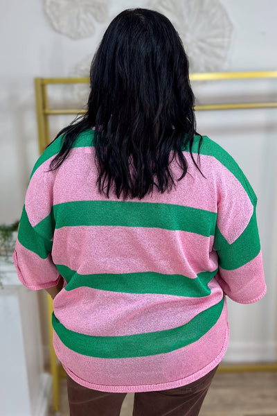 Pink & Kelly Green Stripe Drop Shoulder Sweater Back