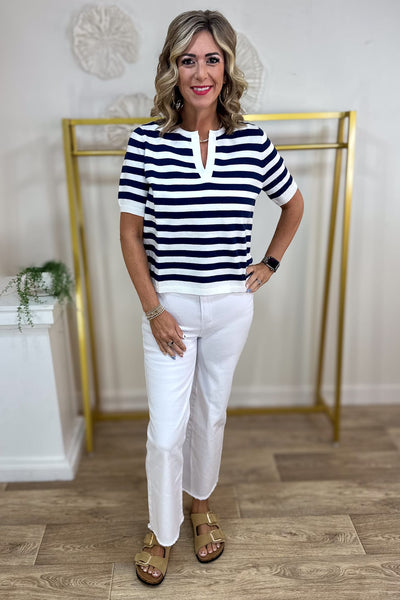 Navy Split Neck Stripe Short Sleeve Sweater Styled