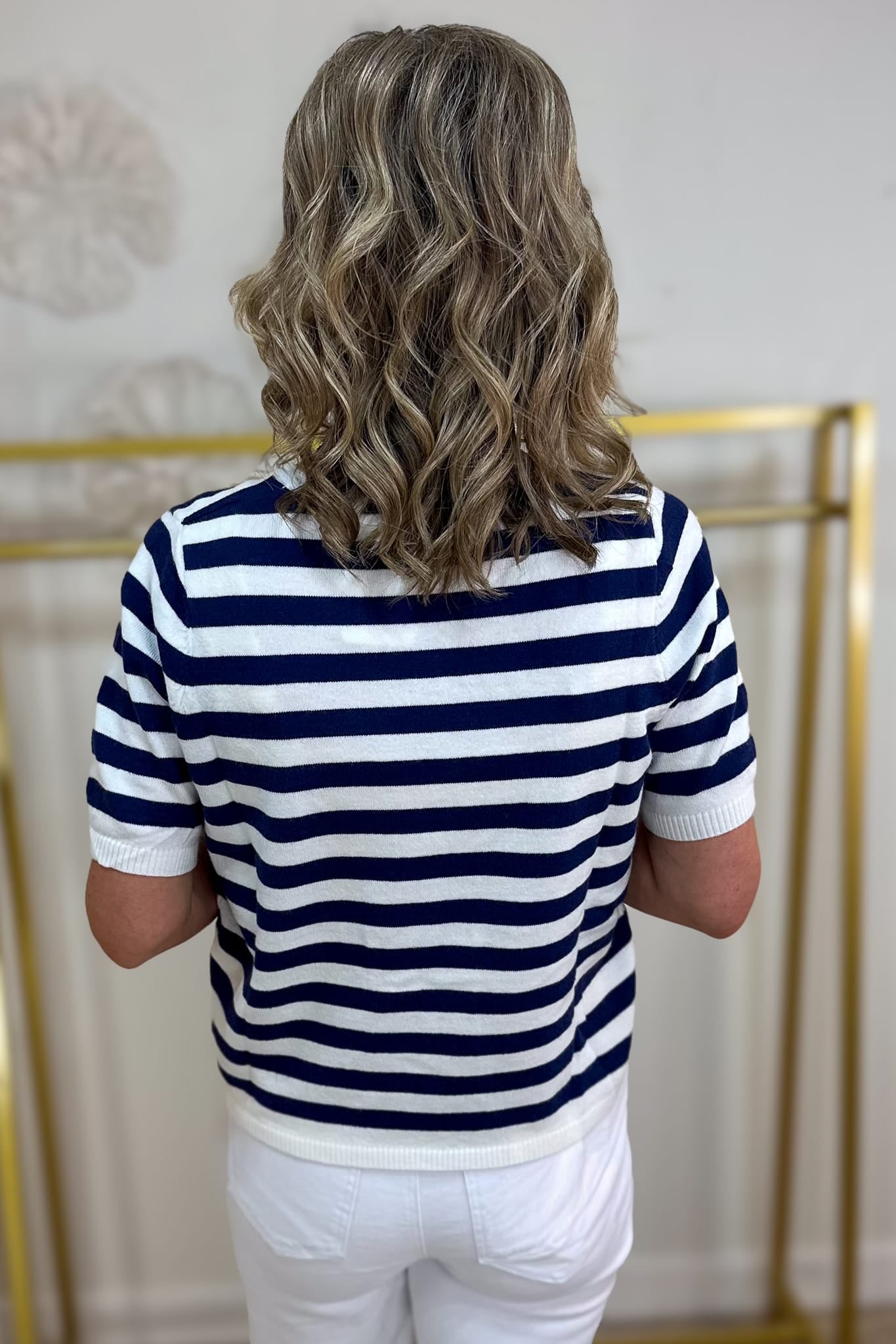 Navy Split Neck Stripe Short Sleeve Sweater Back