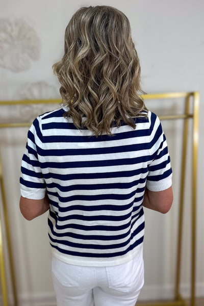 Navy Split Neck Stripe Short Sleeve Sweater Back