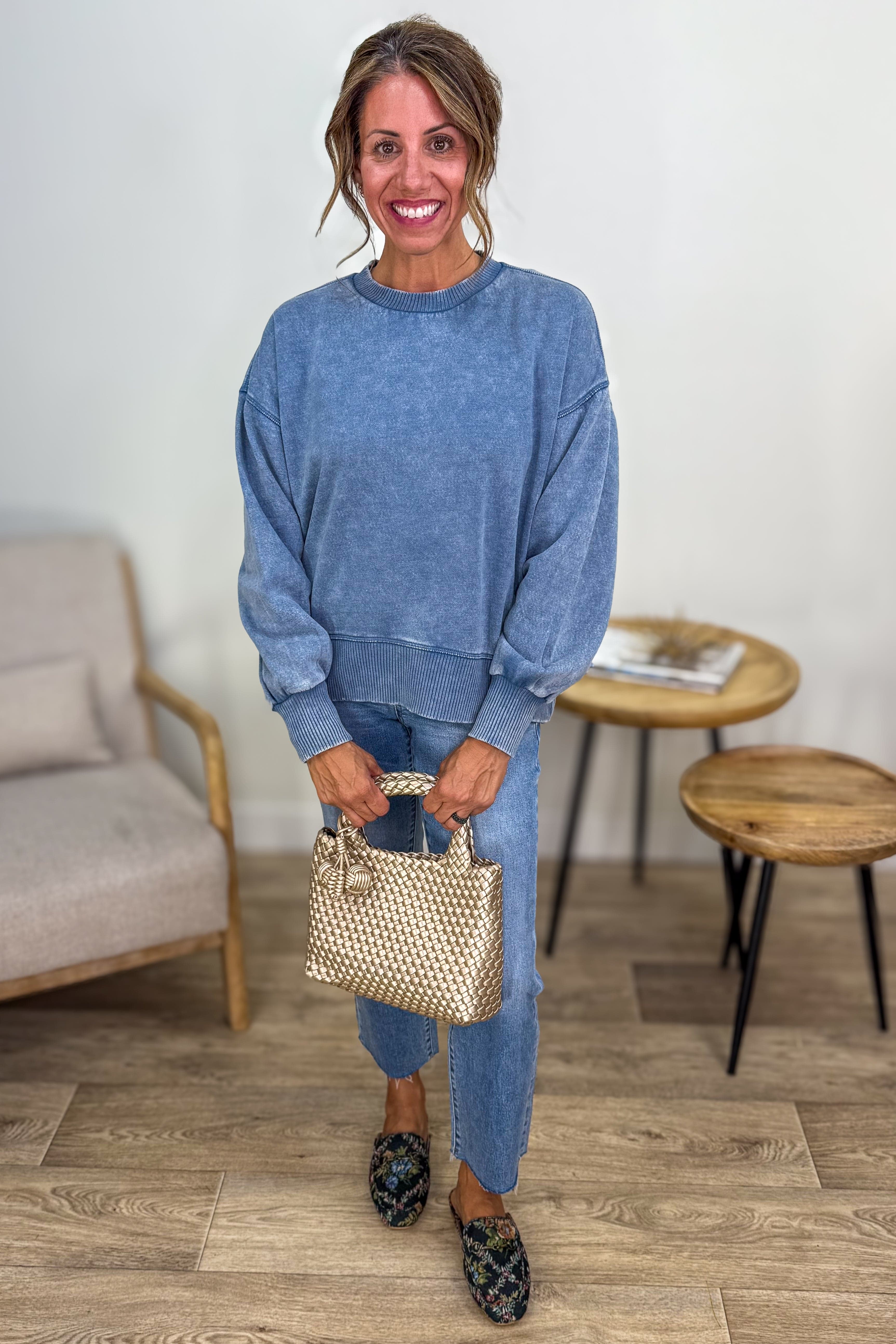 Dusty Blue Acid Wash Oversized Pullover Styled