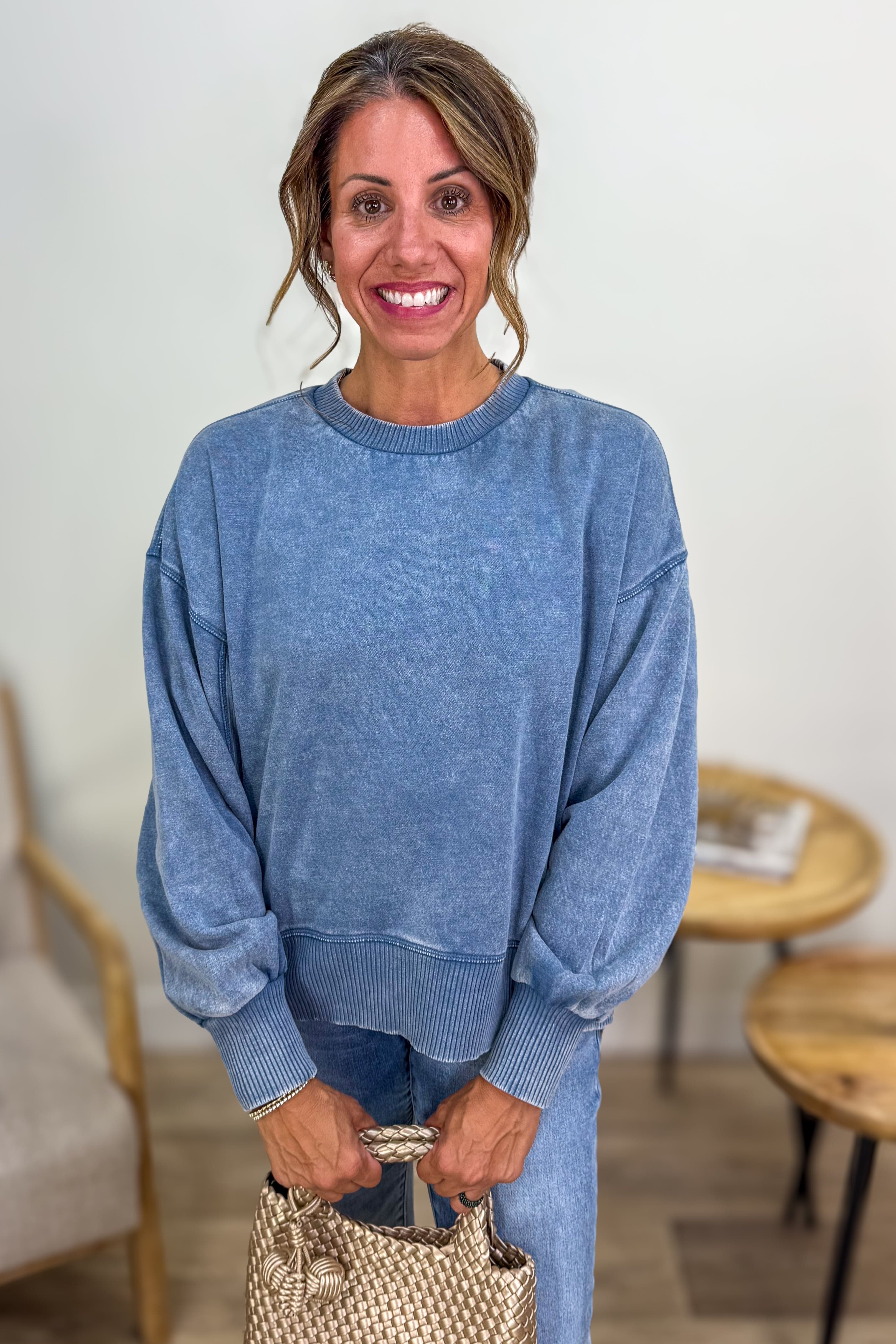 Dusty Blue Acid Wash Oversized Pullover