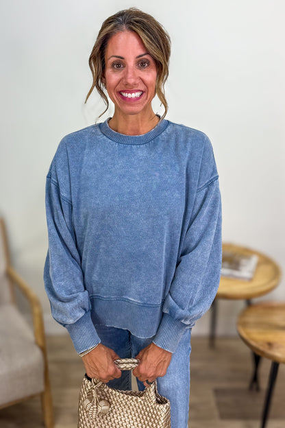 Dusty Blue Acid Wash Oversized Pullover