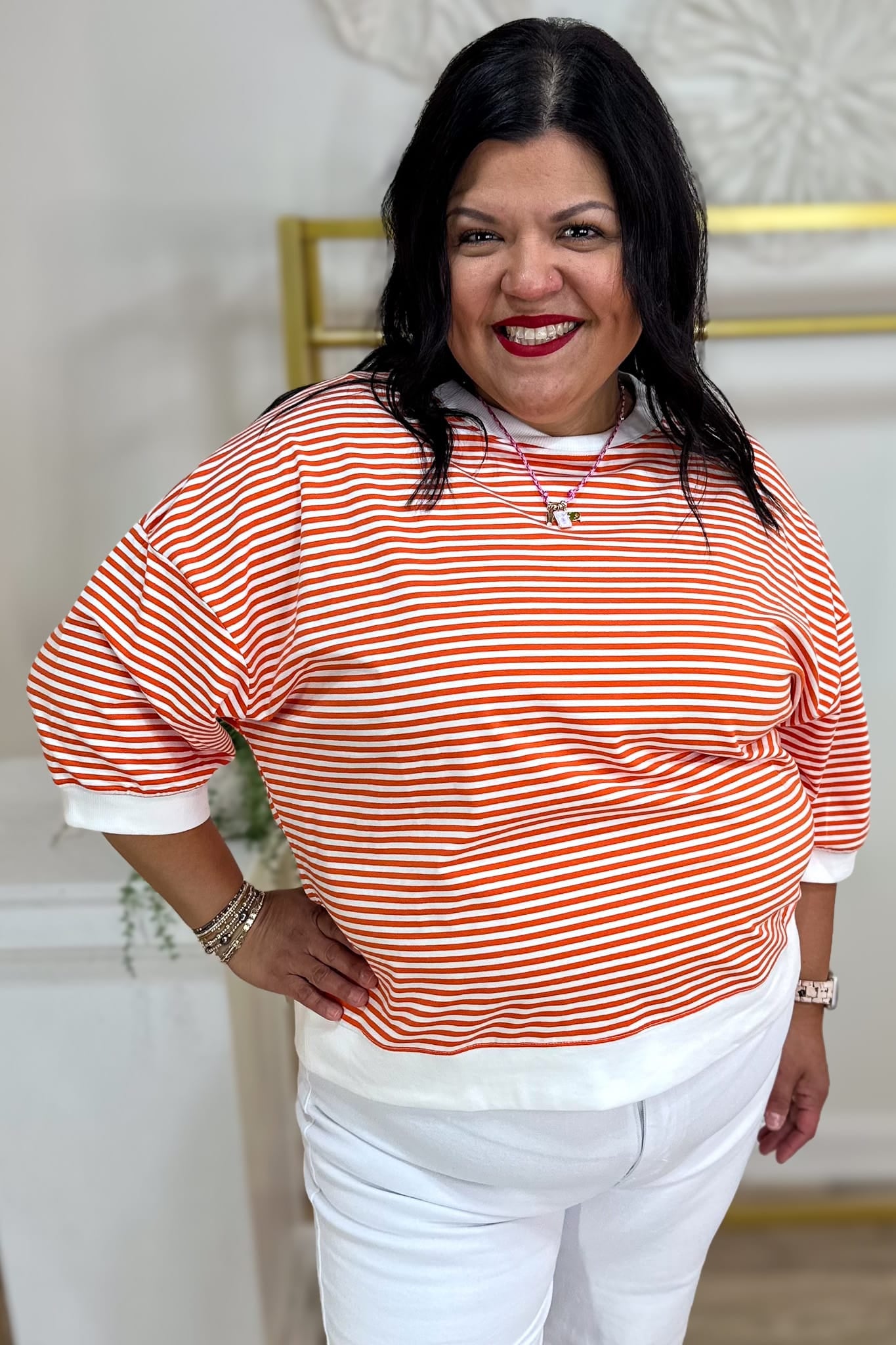 Orange Stripped Contrast Trim Banded Top