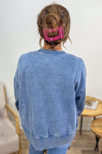 Dusty Blue Acid Wash Oversized Pullover Back