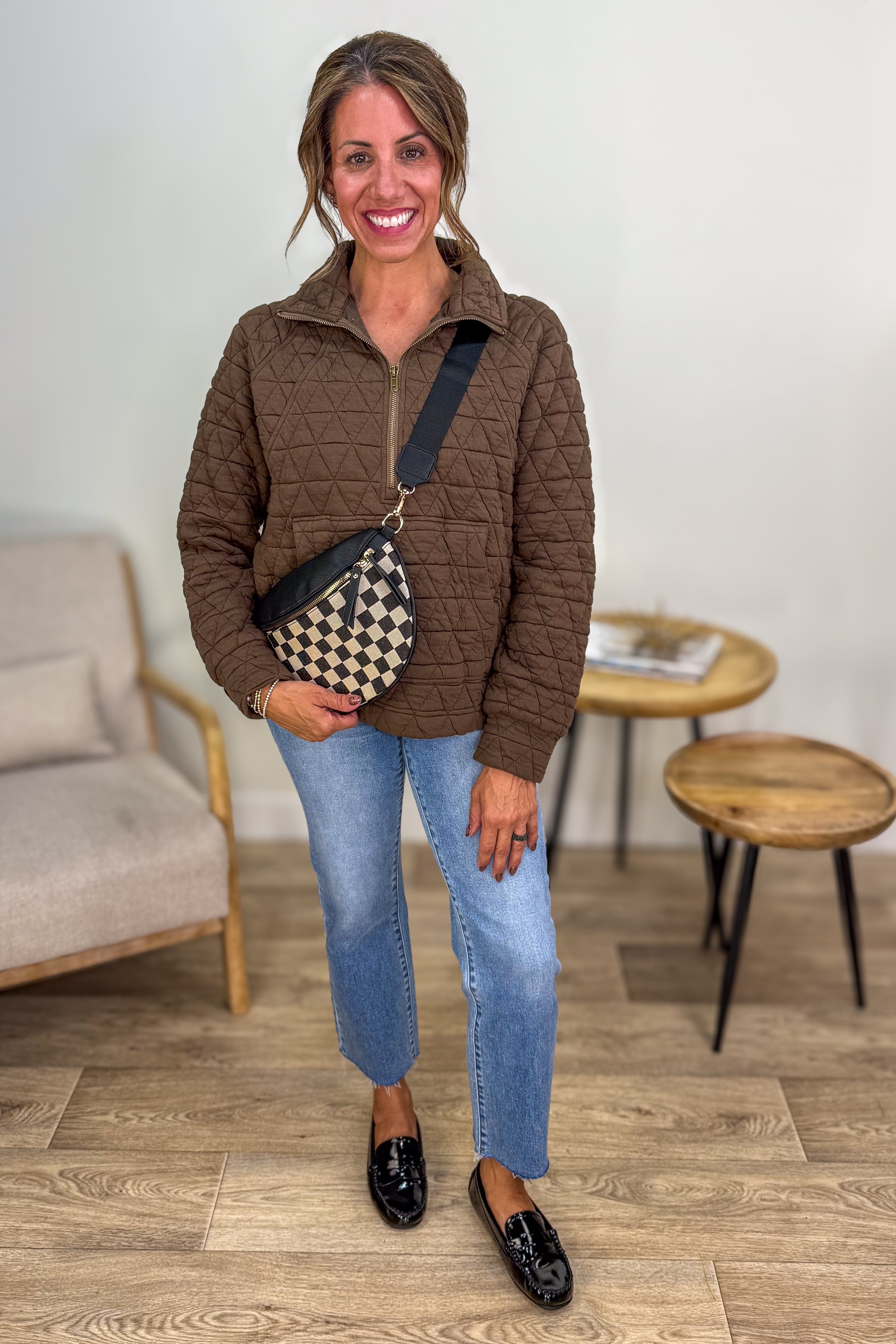Brown Polar Neck 1/2 Zip Quilted Pullover Styeld