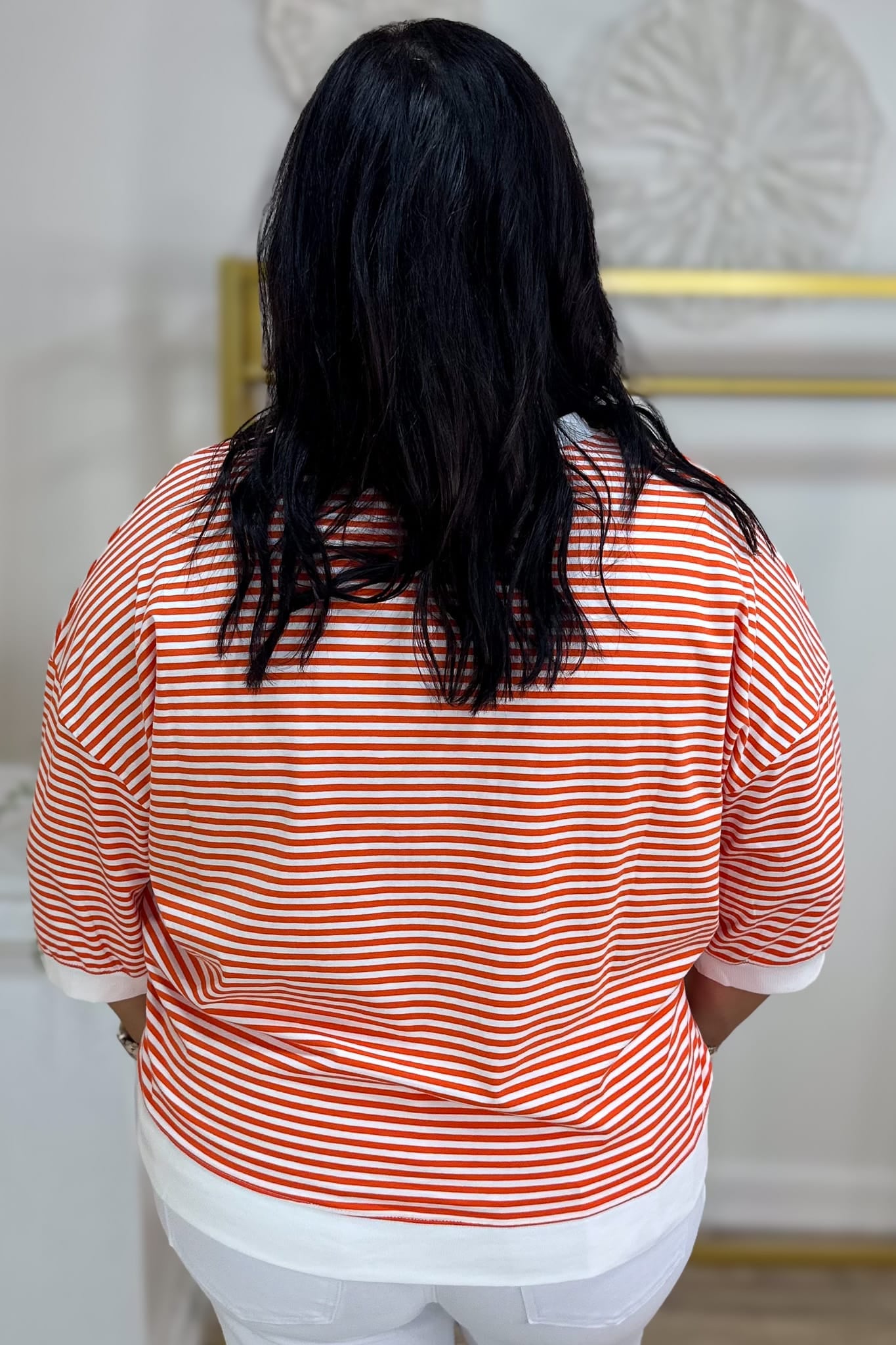 Orange Stripped Contrast Trim Banded Top Back