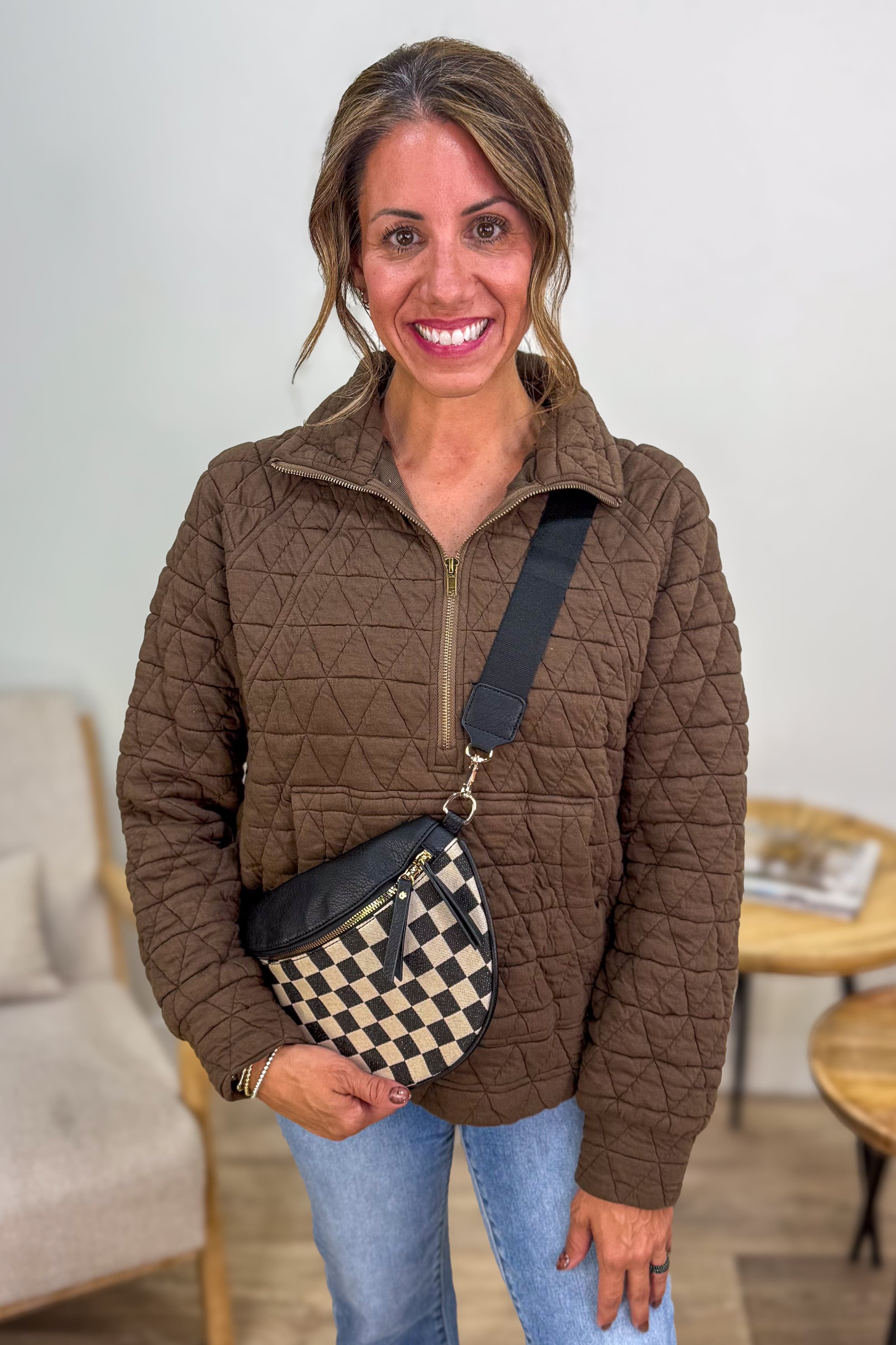 Brown Polar Neck 1/2 Zip Quilted Pullover