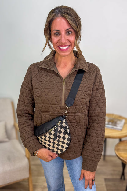 Brown Polar Neck 1/2 Zip Quilted Pullover