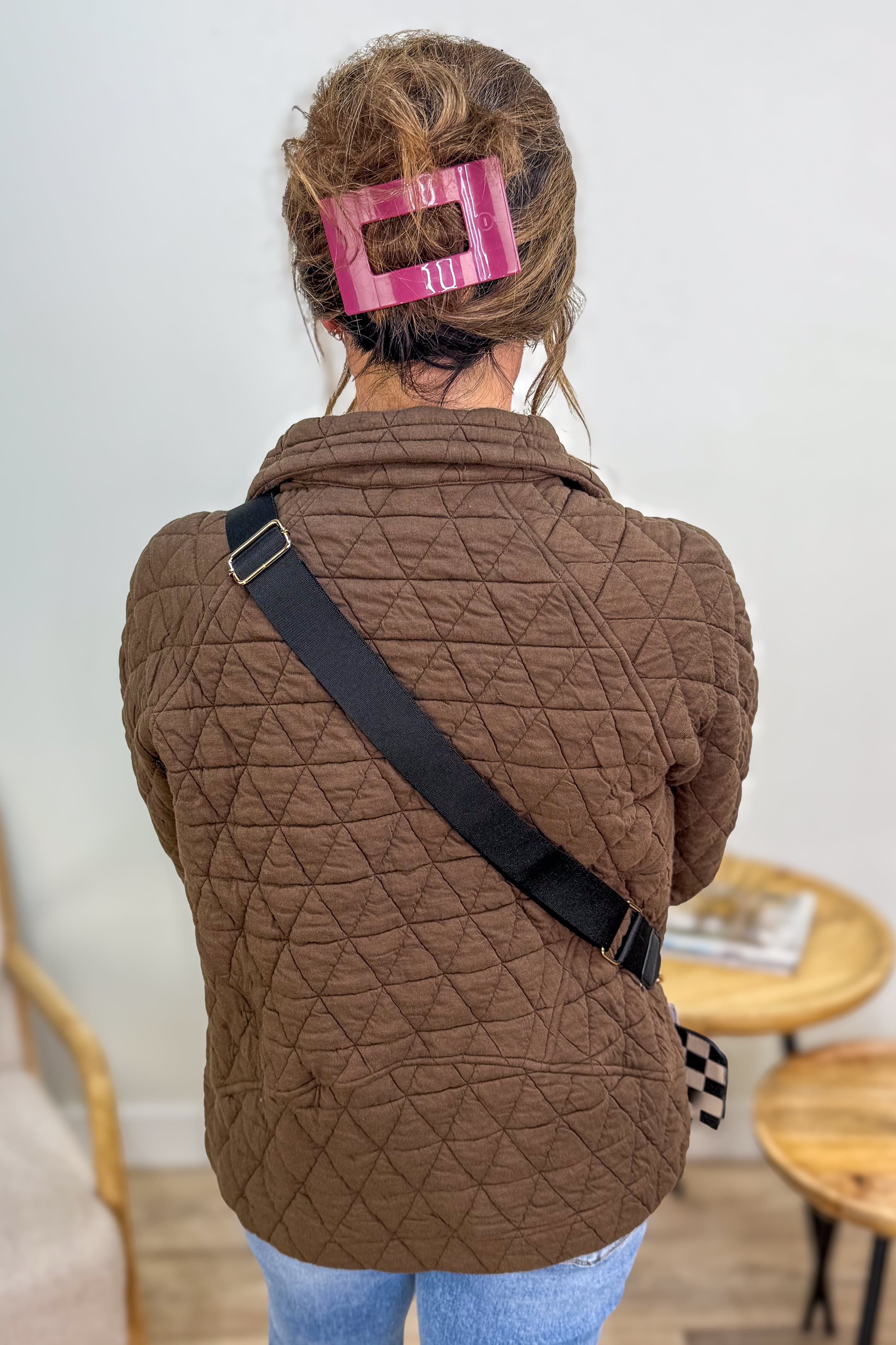 Brown Polar Neck 1/2 Zip Quilted Pullover Back