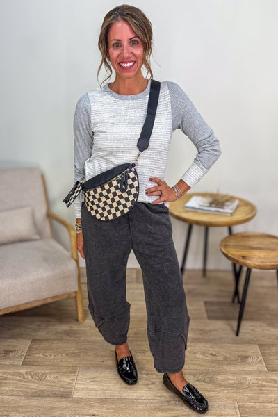 Heather Grey Mixed Fabric Knit Top Styled