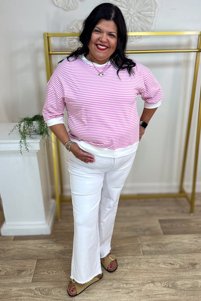 Candy Pink Stripped Contrast Trim Banded Top Styled