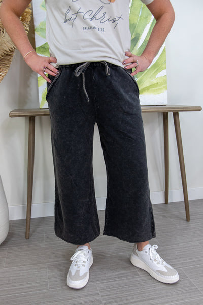 Ash Black Palazzo Pants with Pockets, zoomAsh Black Cropped Mineral Wash Pant