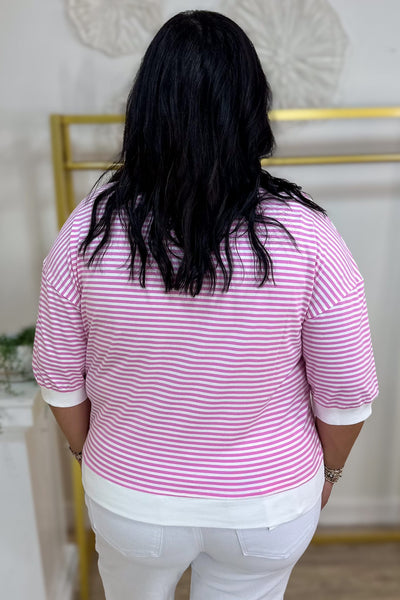 Candy Pink Stripped Contrast Trim Banded Top Back