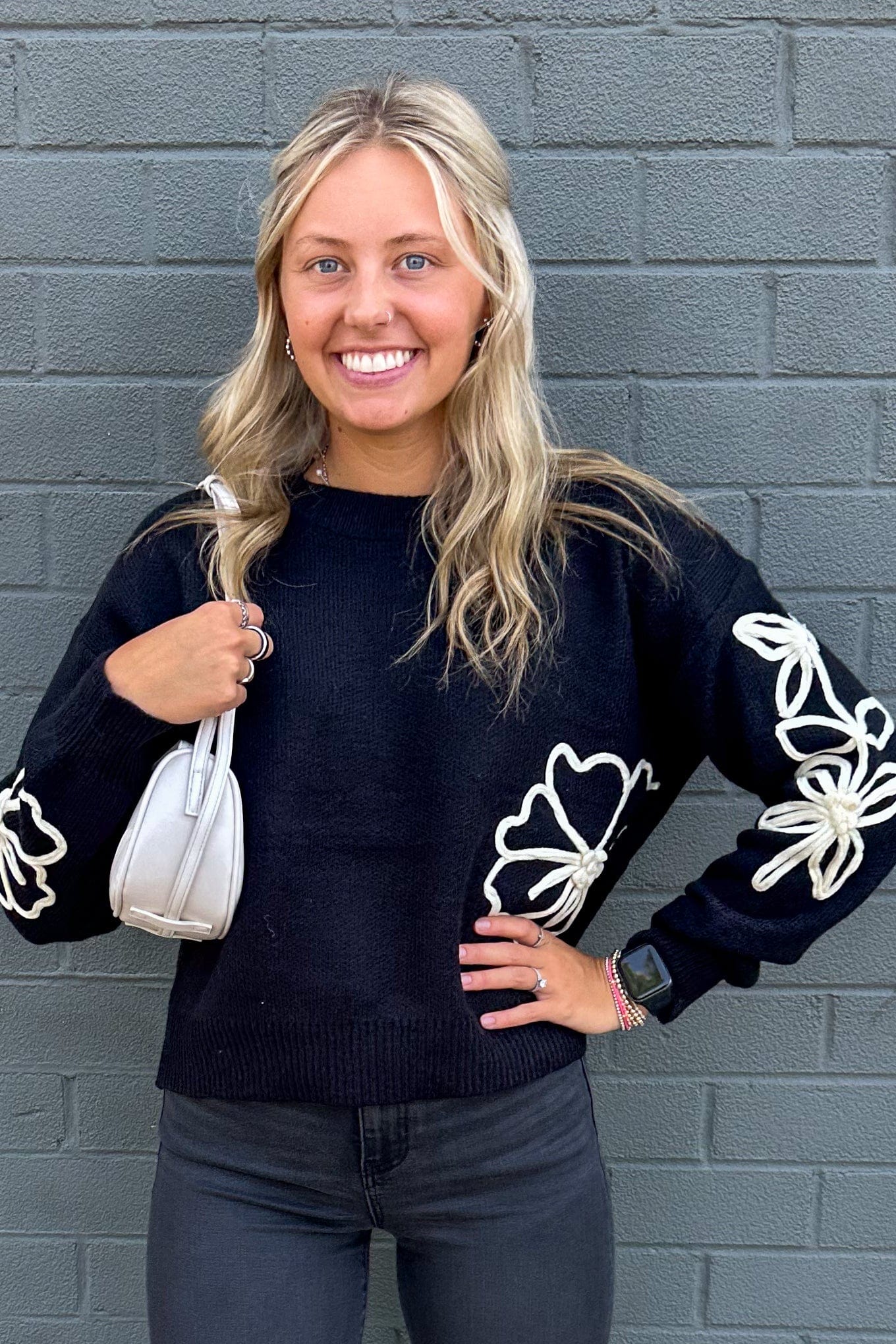 Black Sweater with Floral Detail