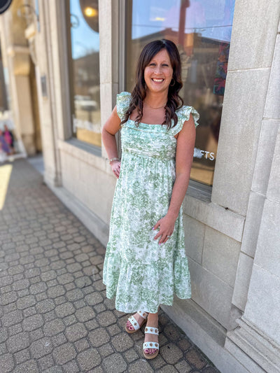Green Vintage Floral Pleated Top Dress