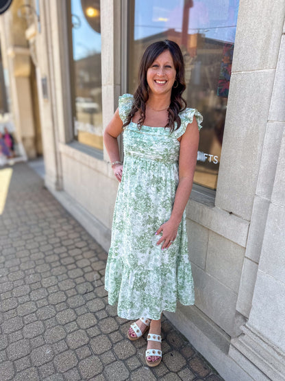 Green Vintage Floral Pleated Top Dress