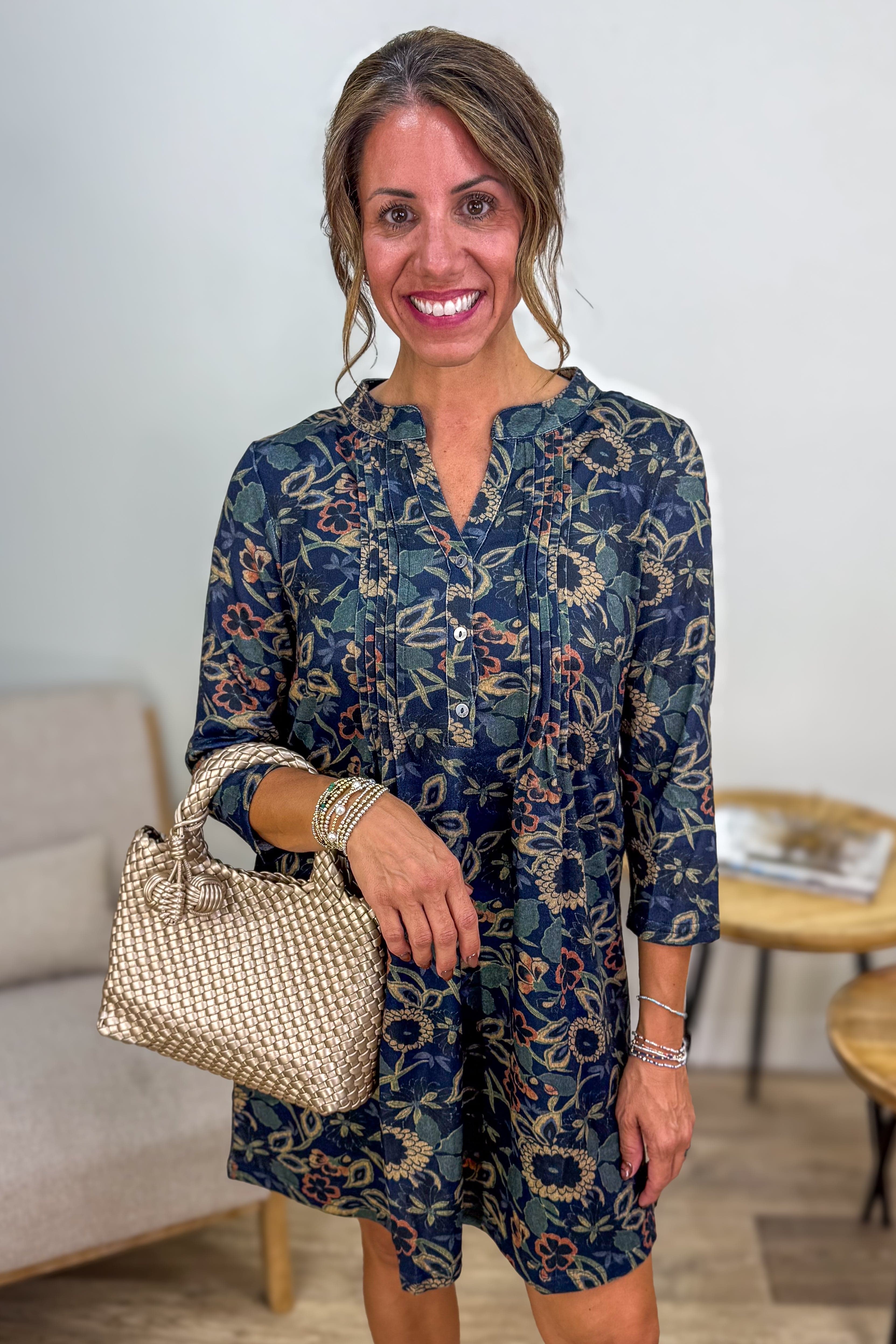 Navy Pintuck Floral Tunic