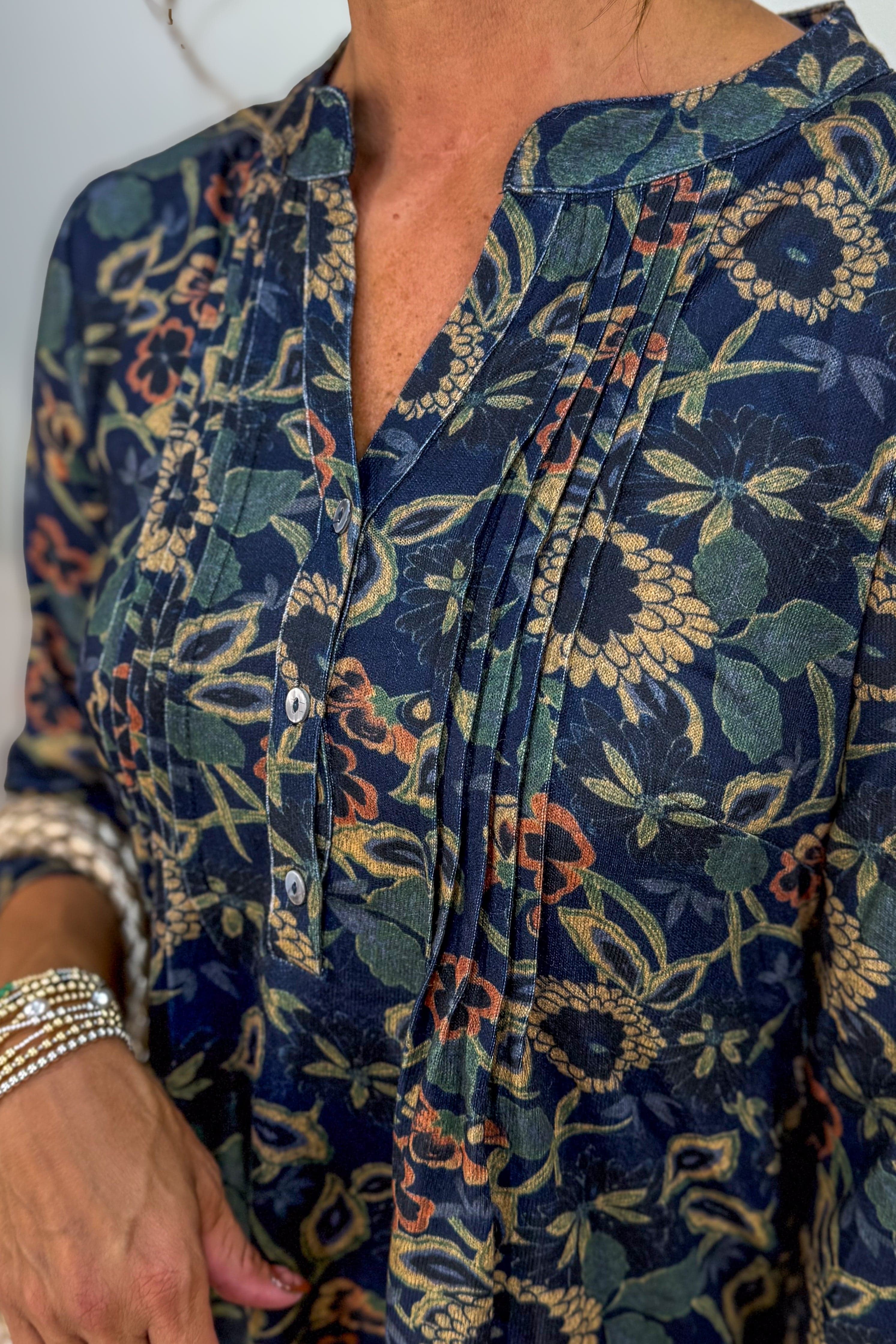Navy Pintuck Floral Tunic Detailed