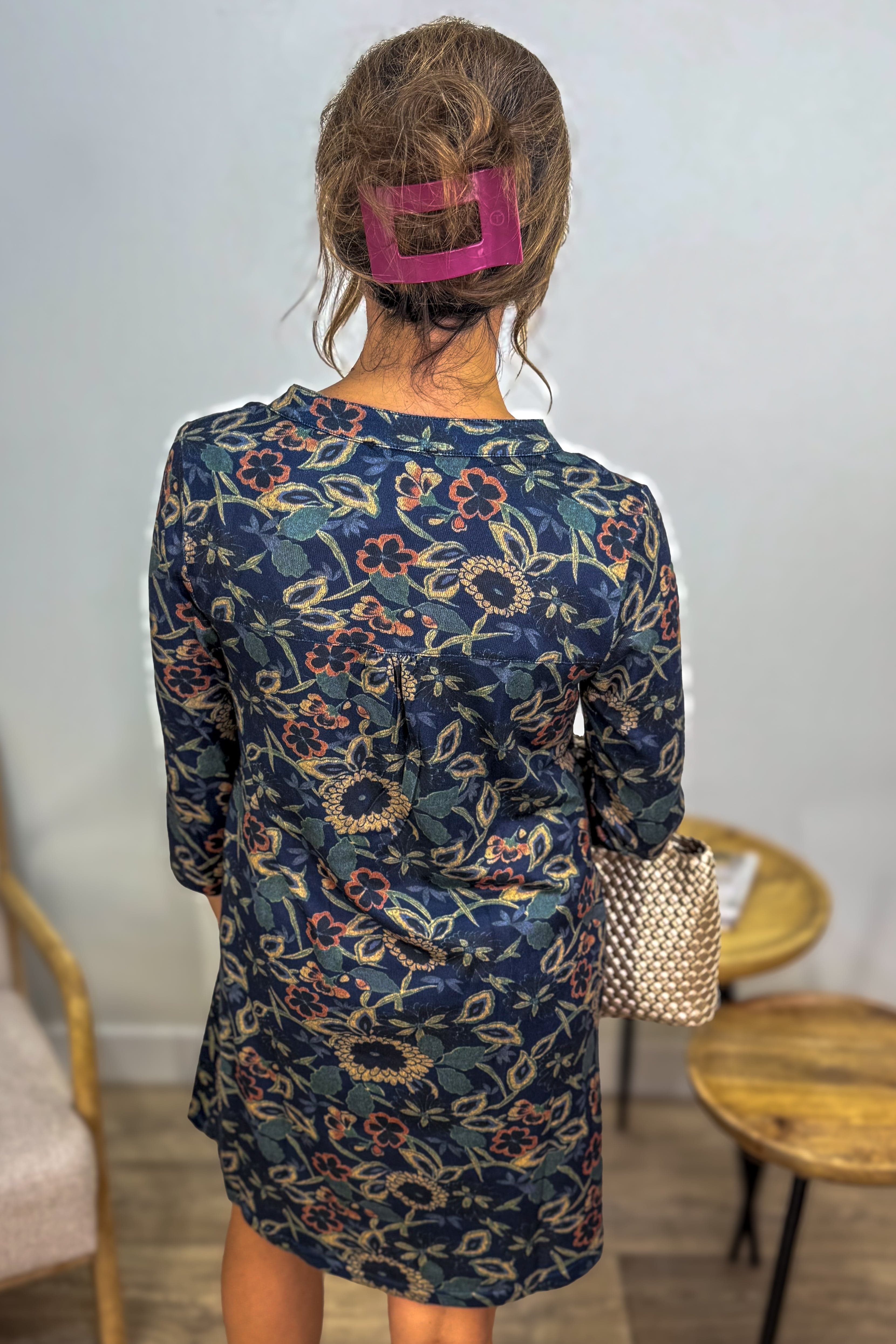 Navy Pintuck Floral Tunic Back