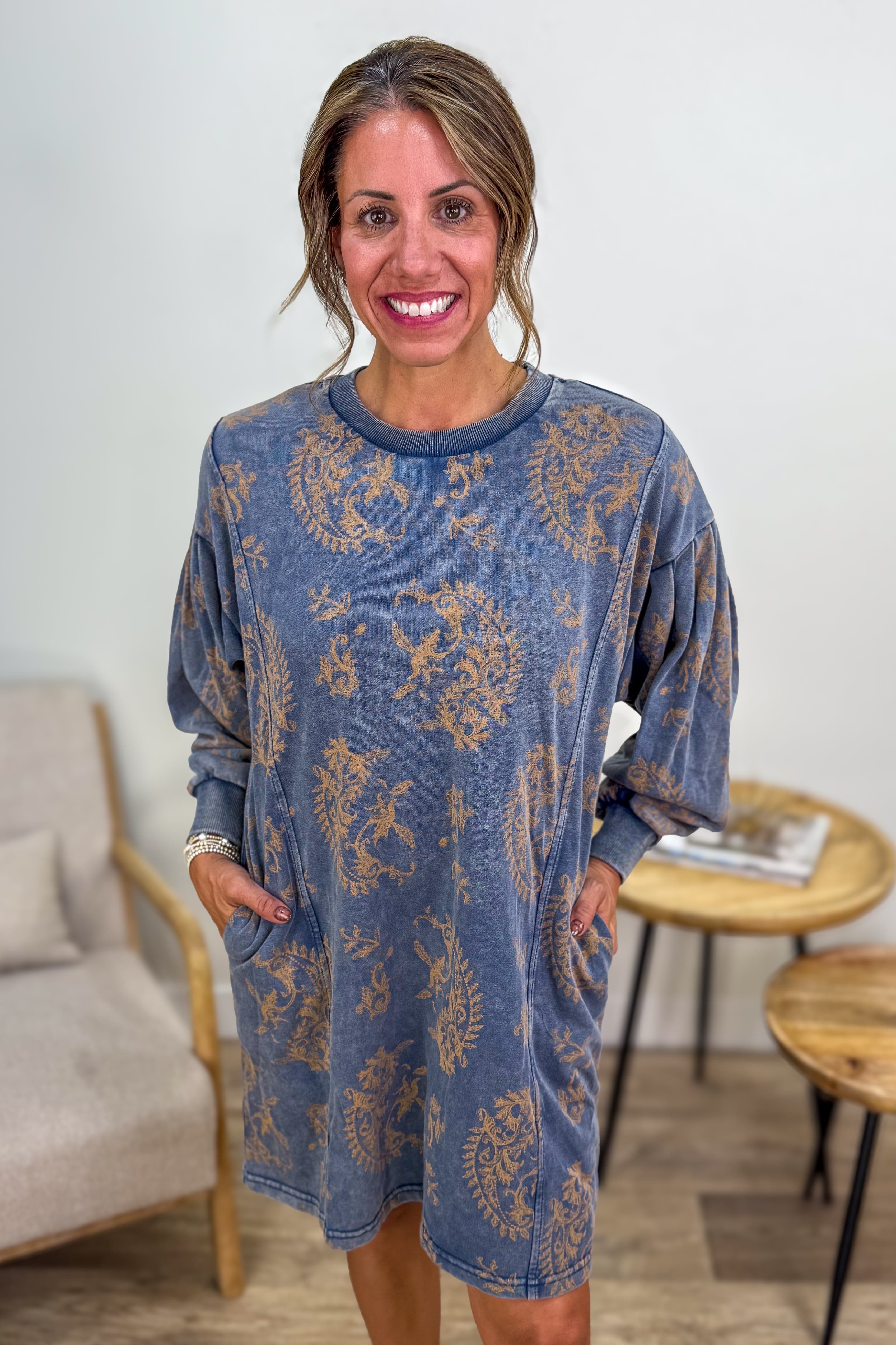 Denim Paisley Print Mini Dress